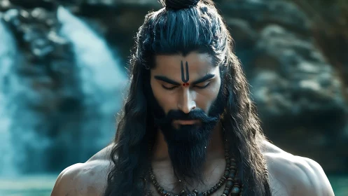 Ascetic warrior in meditative focus by cascading waterfalls.