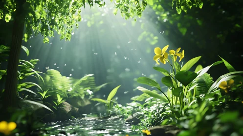 Photorealistic forest glade with backlit yellow wildflowers.
