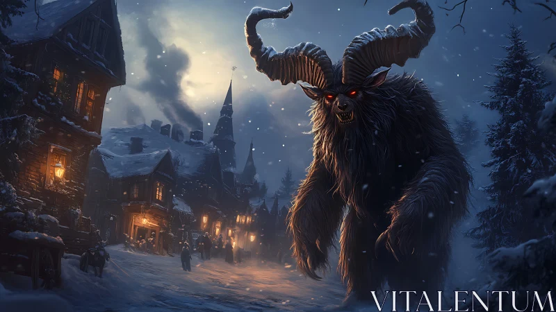 Nocturnal alpine demon towering over snowbound village street.