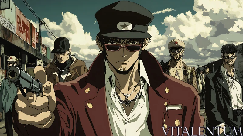 Gang leader in burgundy coat confronts viewer with pistol.