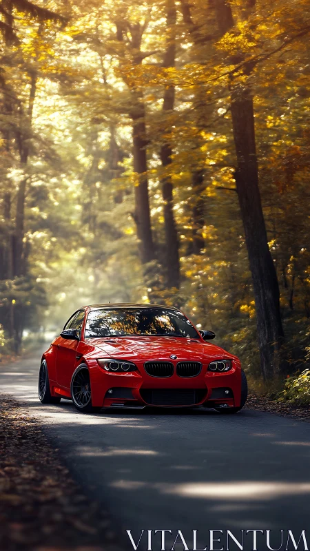 Red modified BMW coupe parked on narrow forest road