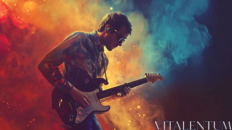 Electric guitarist framed by bicolor cinematic smoke gradient