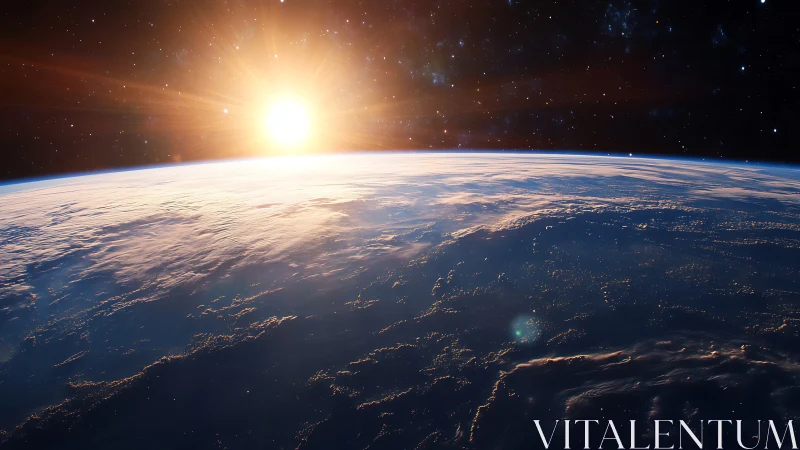 Orbital sunrise over Earth with luminous atmospheric rim.
