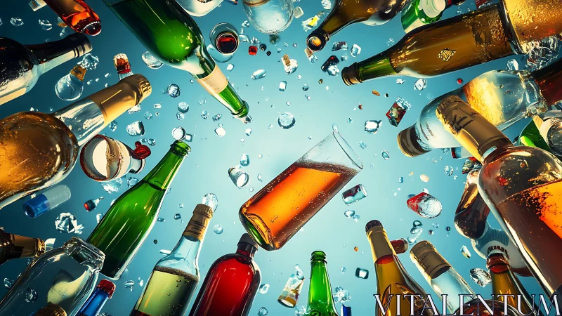 Colorful liquor bottles and ice suspended against blue sky.