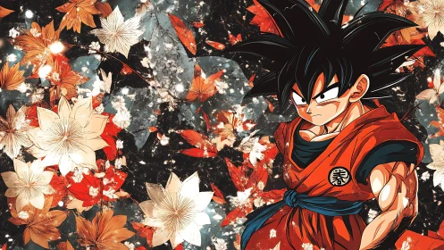 Animated martial artist amid dense stylized autumn floral field