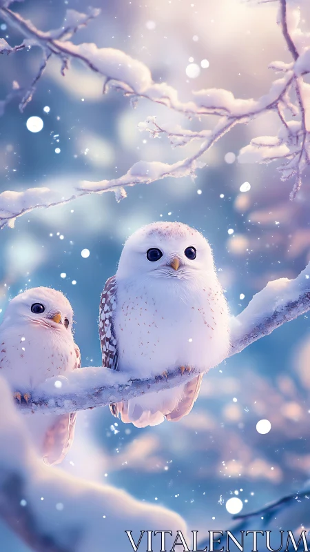Snowy owl pair resting on frosted branch at dusk.