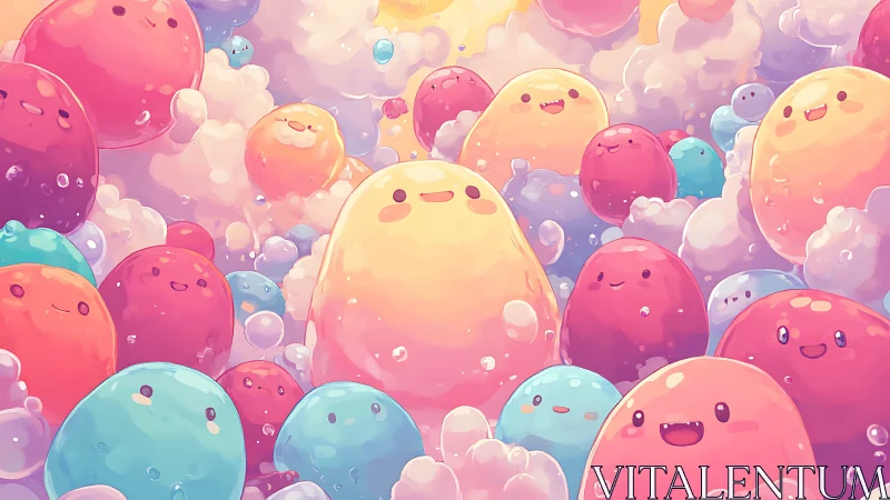 Floating spherical characters in pastel cloud environment.