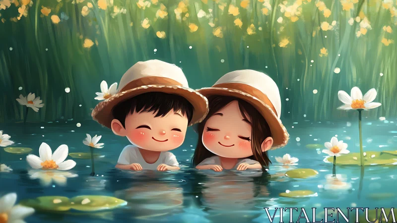 Two Friends Find Joy in a Lily Pond Garden.