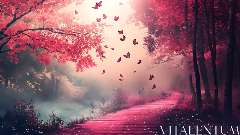 Butterflies above pink forest path in diffuse morning haze.