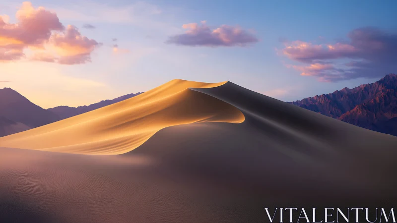 Sunlit desert dune crest under soft pastel dusk sky.