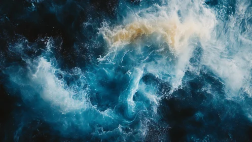 Wild ocean swirls dance in deep blue and soft white foam