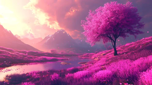 Vibrant pink fantasy landscape with tree and mountains.