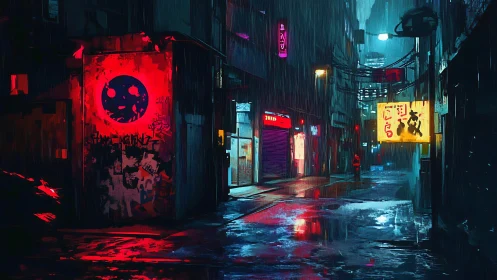 Cyberpunk neon alley under rain with glowing street signs.