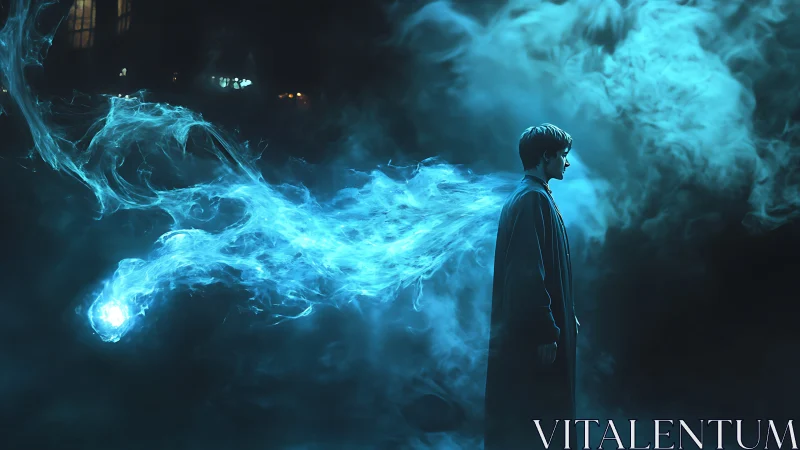 Midnight mage walking with a luminous swirling spirit.