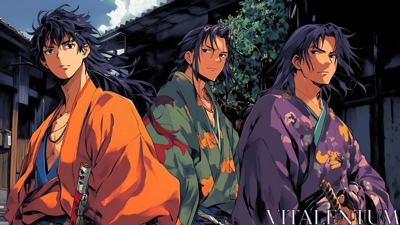 Three kimono-clad swordsmen in historical alley setting.