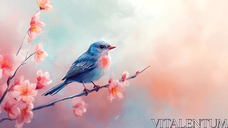 Blue bird perched on flowering branch amid soft atmospheric gradients.