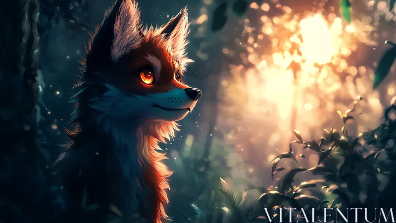 Dawnlit woodland fox with ember-bright eyes in dreamlight.