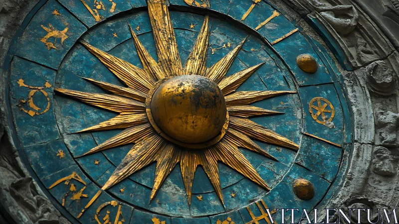 Circular zodiac dial displays central gilded solar emblem