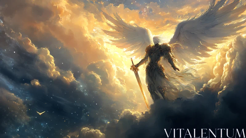 Radiant armored seraph stands against celestial storm clouds.