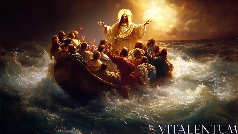 Sacred figure calming stormy sea around wooden fishing boat.