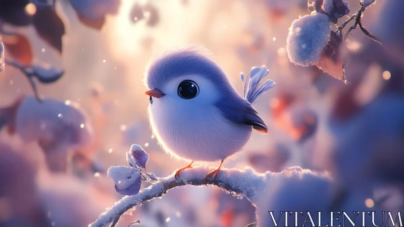 Cute fluffy bird on snowy branch in soft dreamy light, digital art.