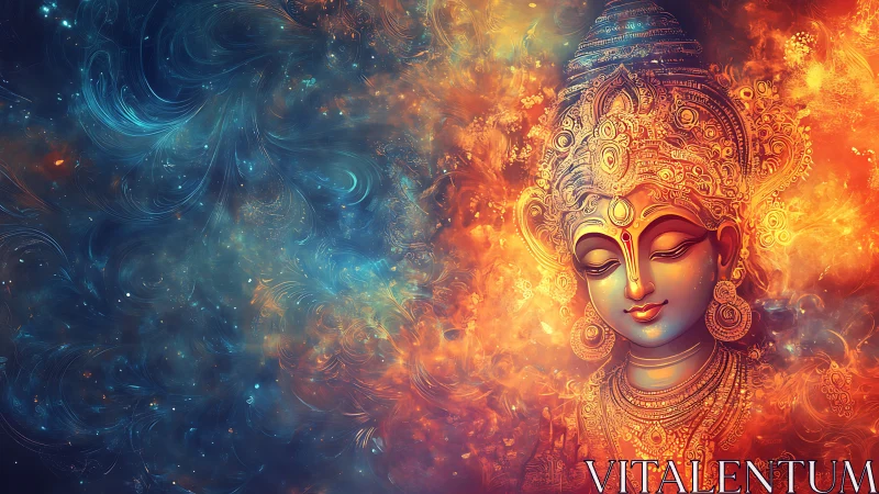 Divine goddess portrait in swirling cosmic fire and sky.