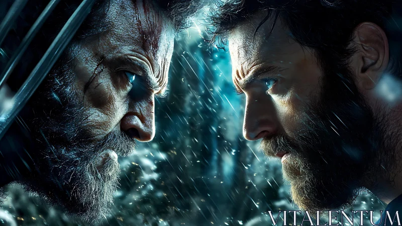 Intense dual portrait in rain with cinematic teal backlighting