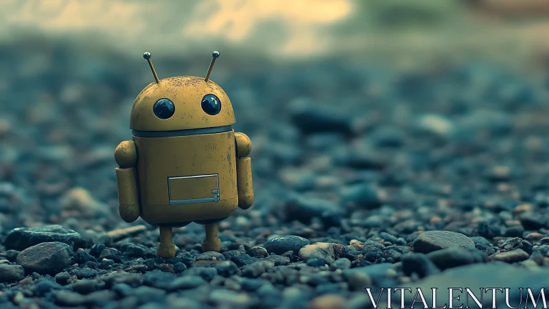 Rusty toy robot standing alone on blurred pebble ground.