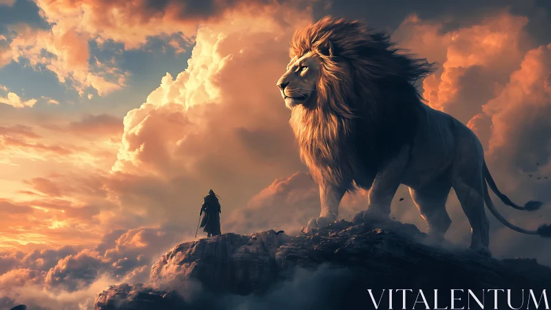 Majestic lion guards stormlit cliff beside cloaked wanderer