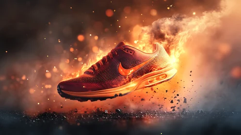 Fiery red running shoe blazing through drifting sparks.