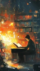 Solitary reader in glowing abstract library interior.