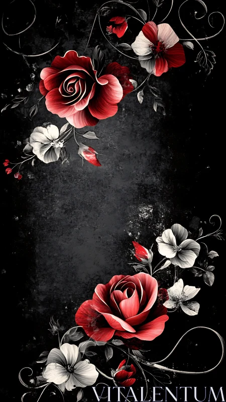 Red and White Roses on Black Texture Background.