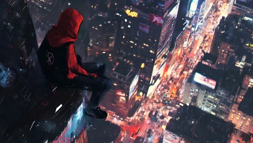 Night hero perches above the glowing city in quiet thought