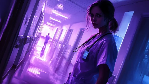 Nurse stands in neon lit hospital corridor at night