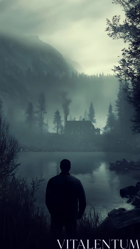 Solitary figure observing lakeside cabin in misty valley.