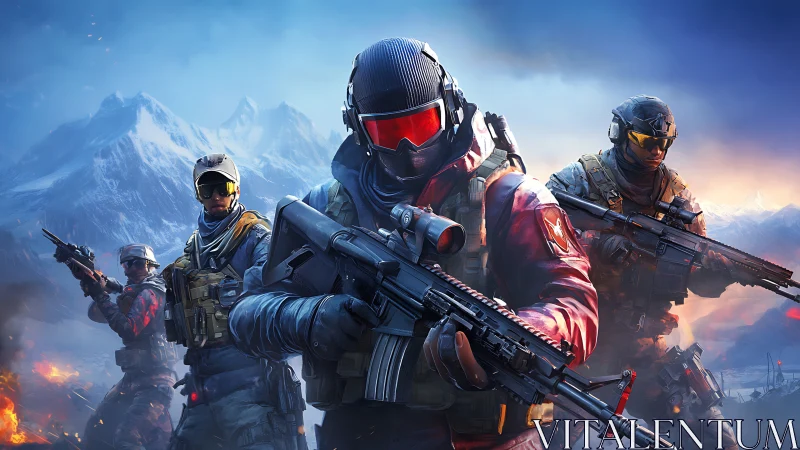 Elite tactical squad advances through blazing arctic warzone