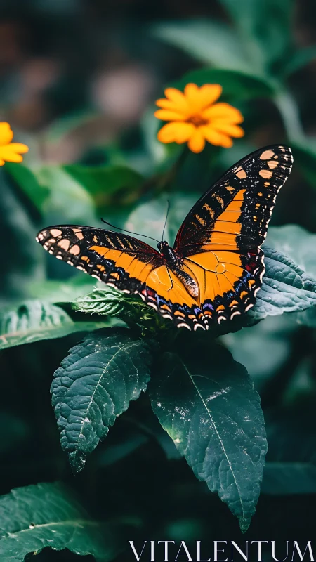 Orange butterfly on leaf with yellow flowers in background.