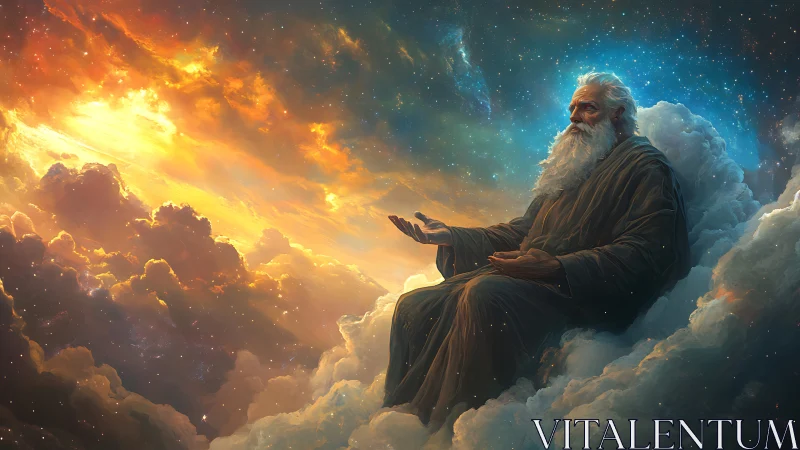 Celestial elder orchestrates sunrise across cosmic clouds