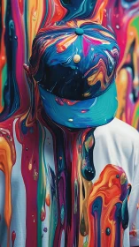 Human figure in cap obscured by dense multicolored paint drips