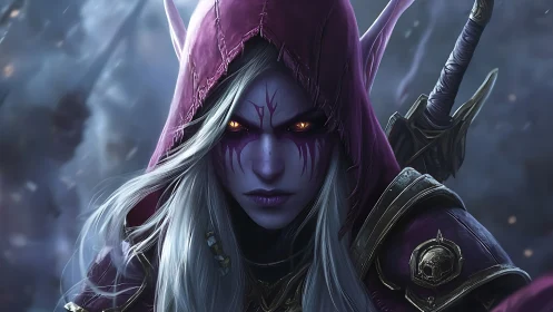 Dark elf warrior in hood with glowing eyes and war armor.