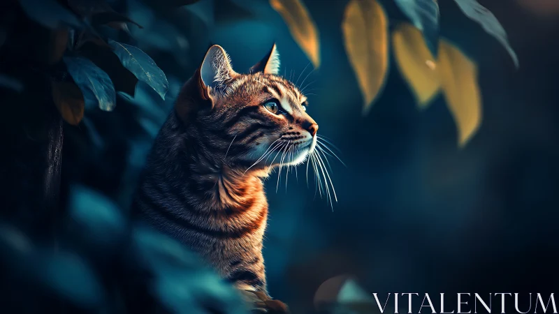 Tabby cat studies glowing leaves in teal forest dusk