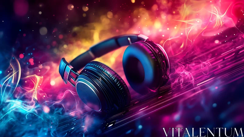 Bold headphones rest in a vibrant swirl of colorful sound