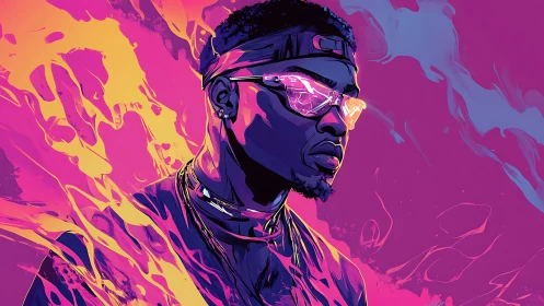 Neon-lit portrait of man in reflective visor amid magenta flames.