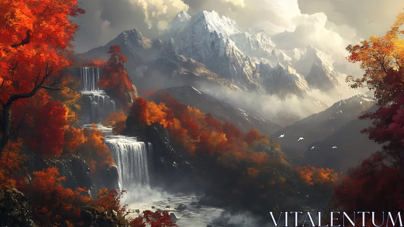 Tiered waterfalls in autumn valley below snow mountains.