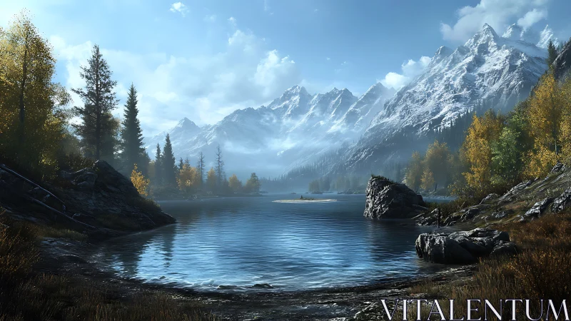 Tranquil mountain lake embraced by golden autumn forests.