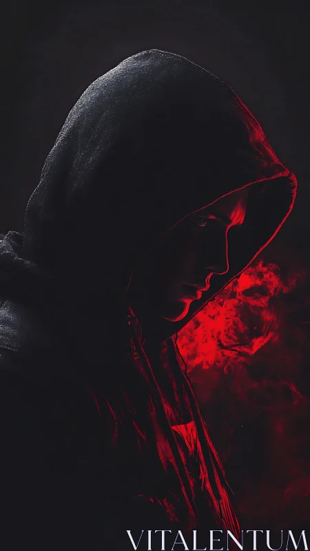 Shadow hood whisperer bathed in crimson digital smoke glow.