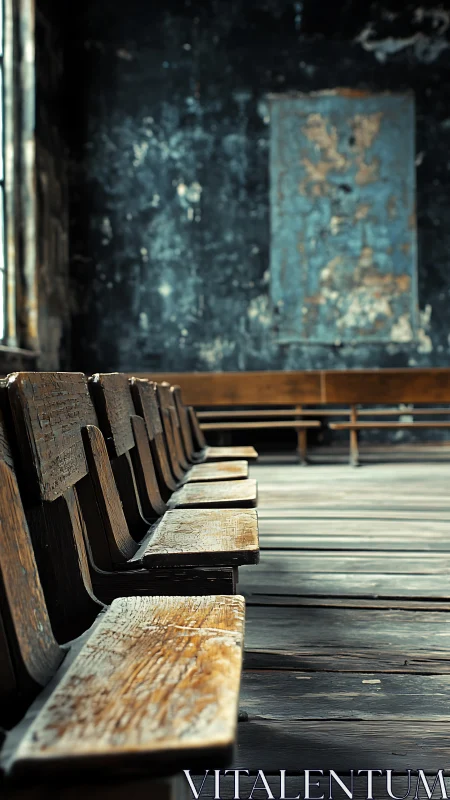 Photorealistic study of abandoned wooden benches in decay.