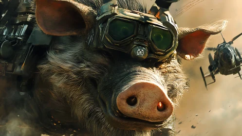 Cyborg warthog portrait with armored headset and drones.