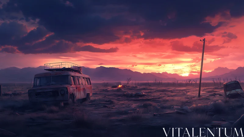 Rusting desert bus under apocalyptic crimson sunset sky.