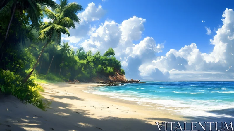 Tropical Beach Paradise With Palm-Lined Shore.